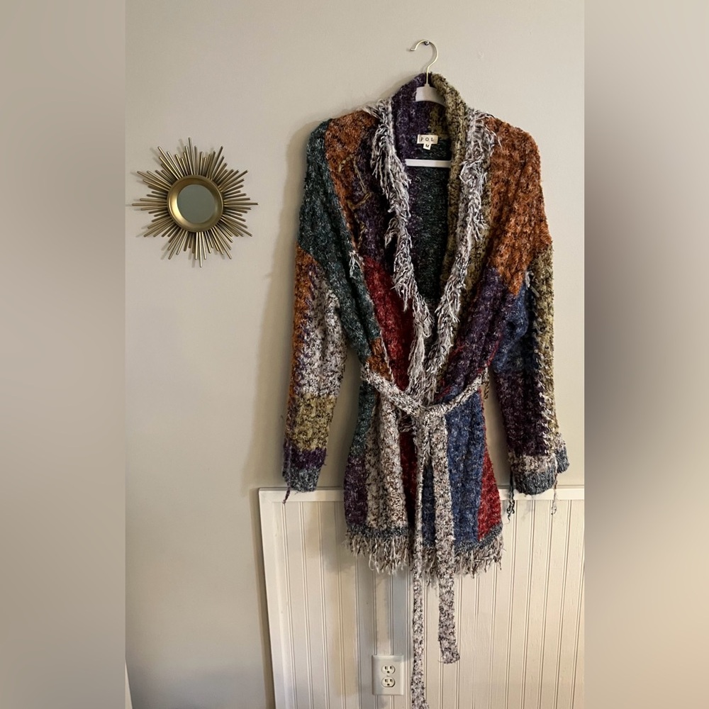 NWOT POL Multicolored Textured Knit Cardigan with Belt